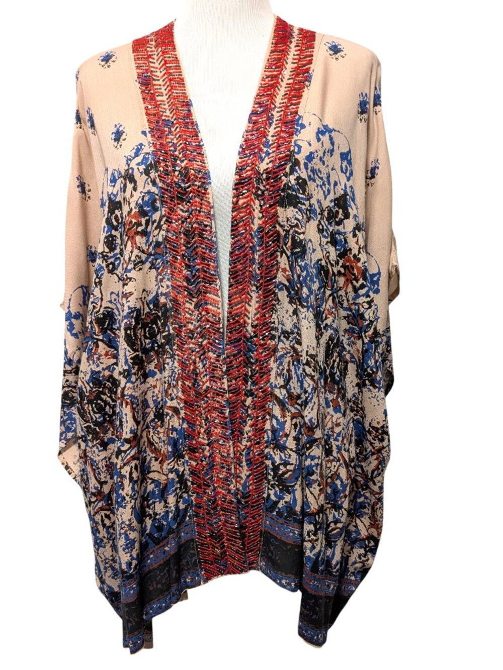 Beautiful Stories Womens OS Cream Abstract Printed Beaded Trim Boho Kimono Top
